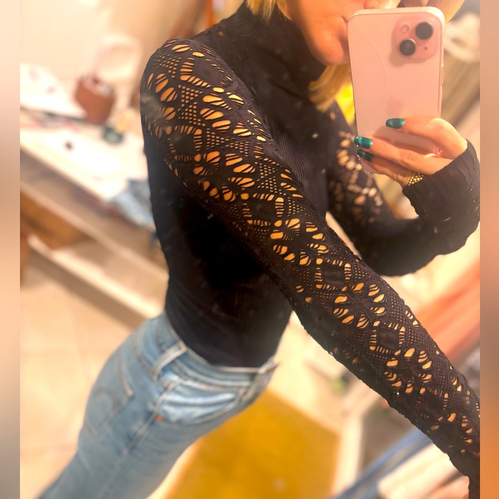 Free people turtleneck cutout patterned long sleeve